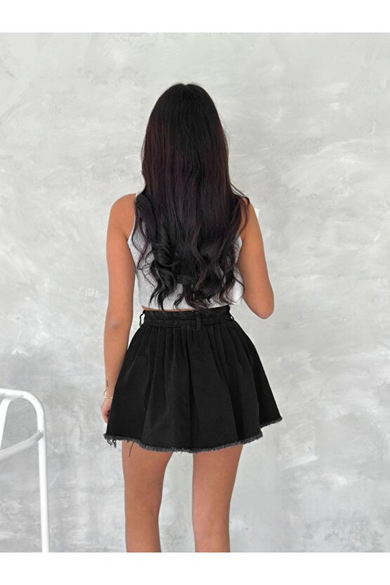 Moda Shop & Butik Şık Pileli Yazlık Mini Etekli Kot- Siyah