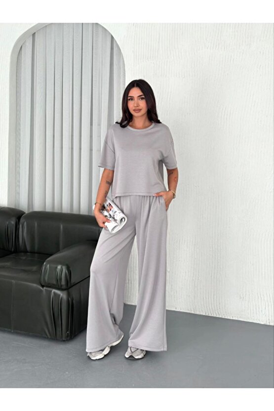 Gelirr Osy Modal Yumuşak Dokulu Kumaş Bisiklet Yaka T-shirt Bol Paça Pantalon Ikili Takım - Boyalı
