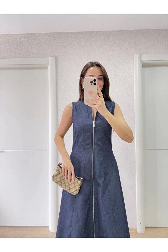 Jeans Kot Önü Tam Fermuarlı Kadın Uzun Elbise - Mavi