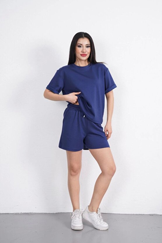 Moda Shop & Butik Osy Modal Yumuşak Dokulu Kumaş Bisiklet Yaka T-shirt Kısa Şort Ikili Takım - Mavi