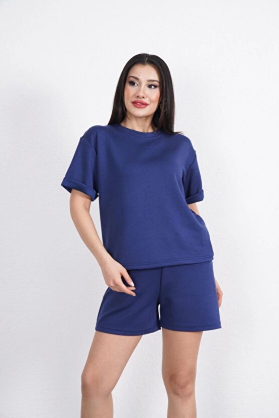 Moda Shop & Butik Osy Modal Yumuşak Dokulu Kumaş Bisiklet Yaka T-shirt Kısa Şort Ikili Takım - Mavi