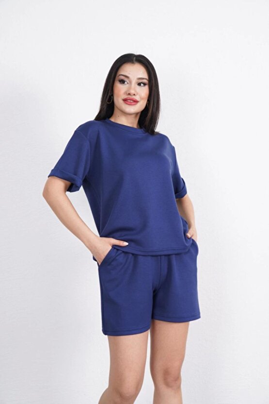 Moda Shop & Butik Osy Modal Yumuşak Dokulu Kumaş Bisiklet Yaka T-shirt Kısa Şort Ikili Takım - Mavi