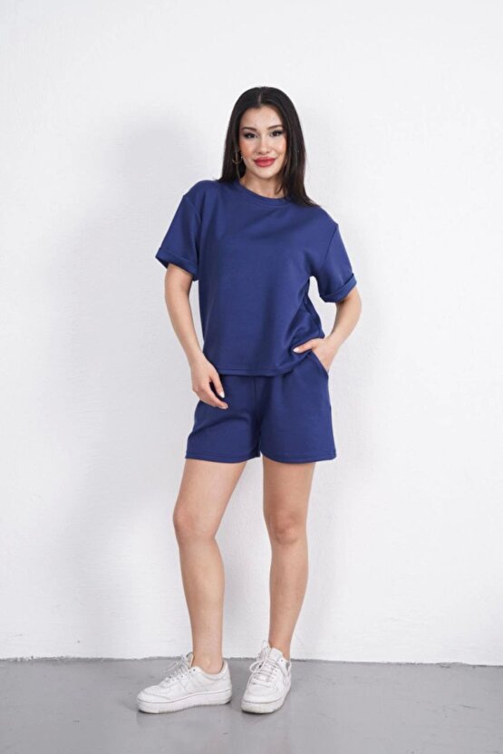 Moda Shop & Butik Osy Modal Yumuşak Dokulu Kumaş Bisiklet Yaka T-shirt Kısa Şort Ikili Takım - Mavi