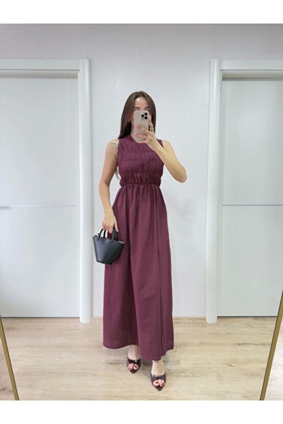 Moda Shop & Butik Kolsuz Göğüs Lastıklı Uzun Elbise - Bordo
