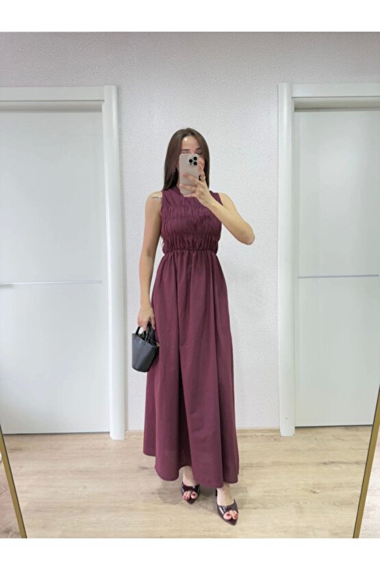 Moda Shop & Butik Kolsuz Göğüs Lastıklı Uzun Elbise - Bordo