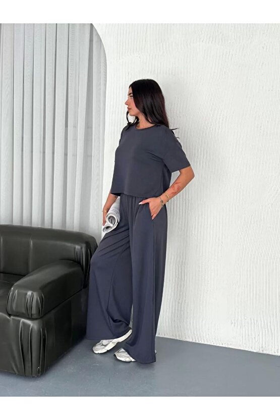 Osy Modal Yumuşak Dokulu Kumaş Bisiklet Yaka T-shirt Bol paça Pantalon ikili Takım -Antrasit