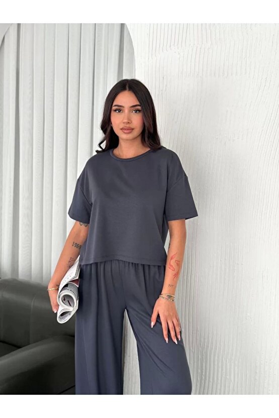 Osy Modal Yumuşak Dokulu Kumaş Bisiklet Yaka T-shirt Bol paça Pantalon ikili Takım -Antrasit