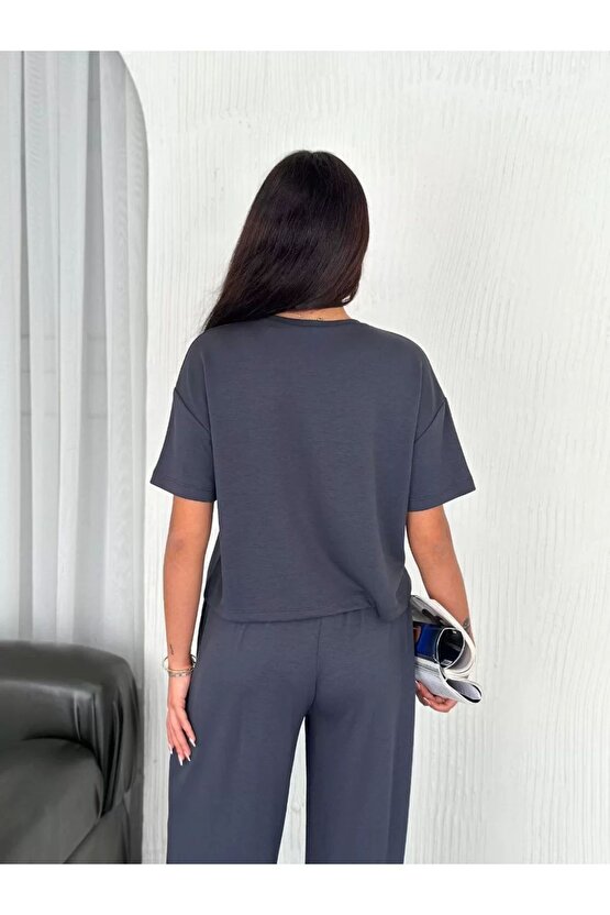 Osy Modal Yumuşak Dokulu Kumaş Bisiklet Yaka T-shirt Bol paça Pantalon ikili Takım -Antrasit