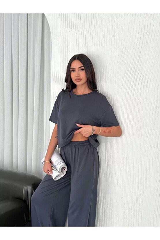 Osy Modal Yumuşak Dokulu Kumaş Bisiklet Yaka T-shirt Bol paça Pantalon ikili Takım -Antrasit