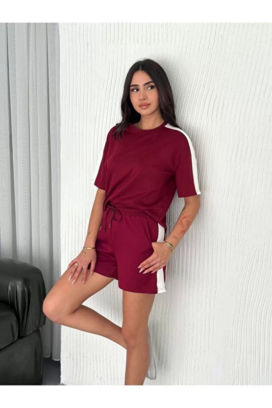Osy Modal Yumuşak Dokulu Kumaş Kadın Parçalı Bisiklet Yaka T-shirt Kısa Şort Ikili Takım - Bordo