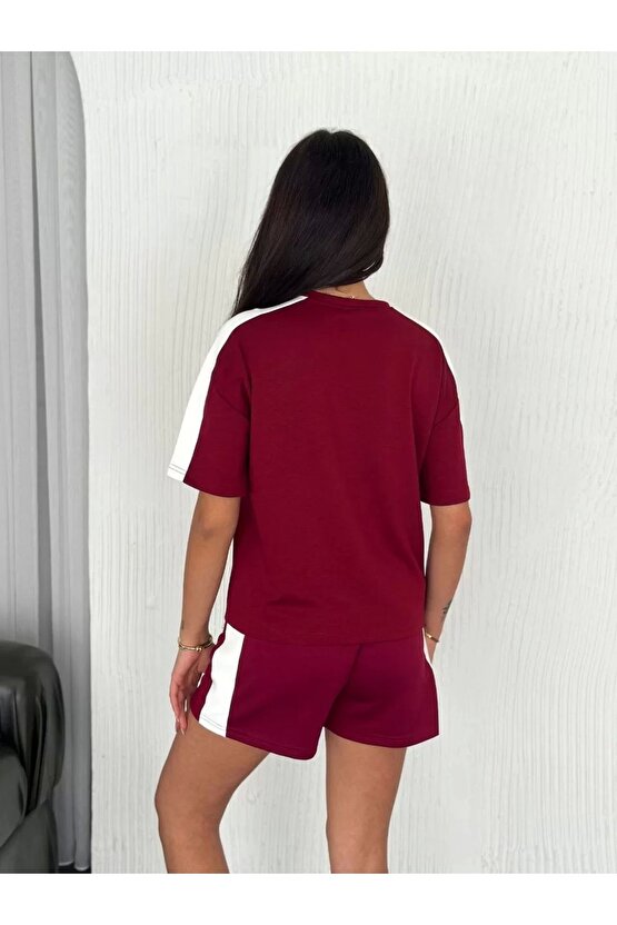 Osy Modal Yumuşak Dokulu Kumaş Kadın Parçalı Bisiklet Yaka T-shirt Kısa Şort Ikili Takım - Bordo