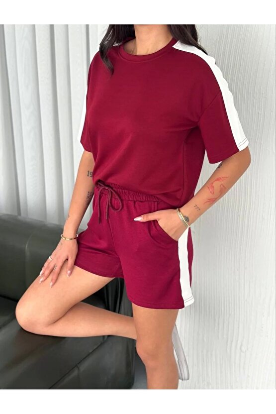 Osy Modal Yumuşak Dokulu Kumaş Kadın Parçalı Bisiklet Yaka T-shirt Kısa Şort Ikili Takım - Bordo