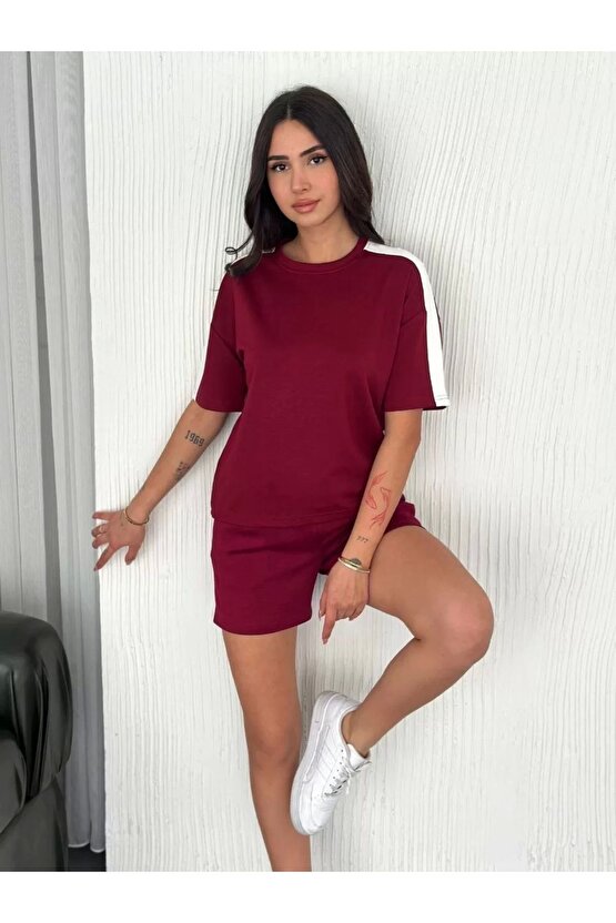 Osy Modal Yumuşak Dokulu Kumaş Kadın Parçalı Bisiklet Yaka T-shirt Kısa Şort Ikili Takım - Bordo