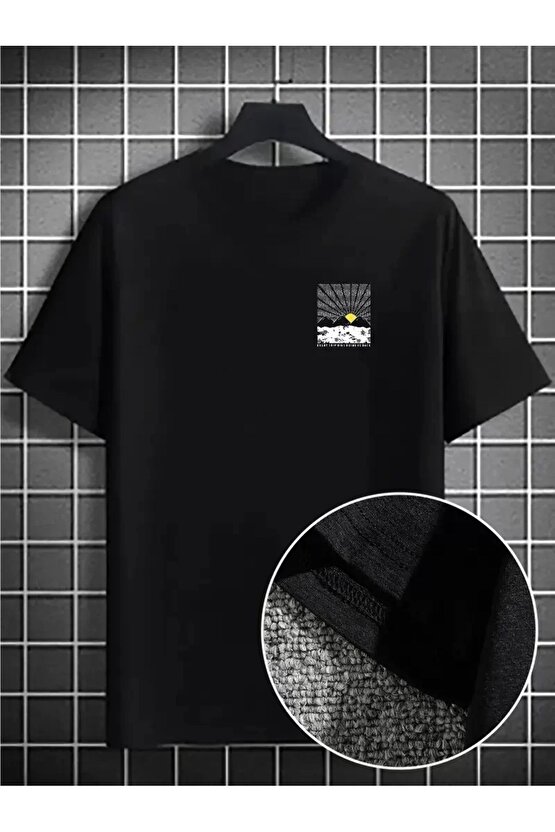 Erkek Dağ Grafikli Tişört, Yaz için Büyük Beden Rahat T-shirt - Siyah