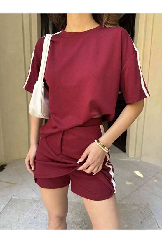 Osy Modal yumuşak dokulu Kumaş Kadın Parçalı Bisiklet Yaka T-shirt Mini Şortlu Etek İkili Takım -Bor