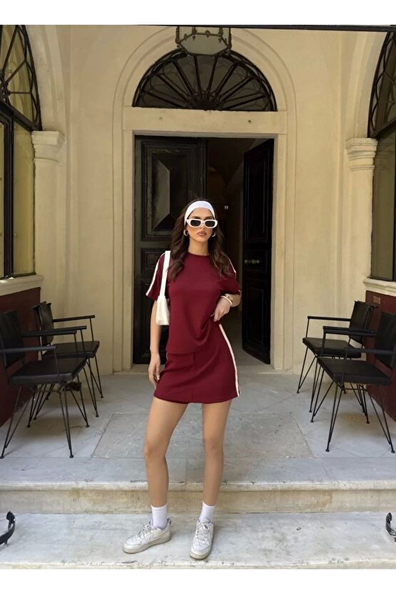 Osy Modal yumuşak dokulu Kumaş Kadın Parçalı Bisiklet Yaka T-shirt Mini Şortlu Etek İkili Takım -Bor