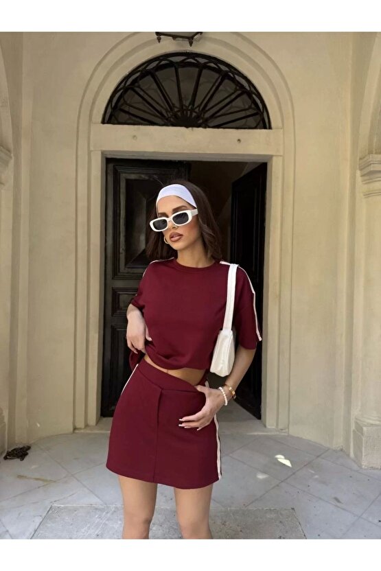 Osy Modal yumuşak dokulu Kumaş Kadın Parçalı Bisiklet Yaka T-shirt Mini Şortlu Etek İkili Takım -Bor