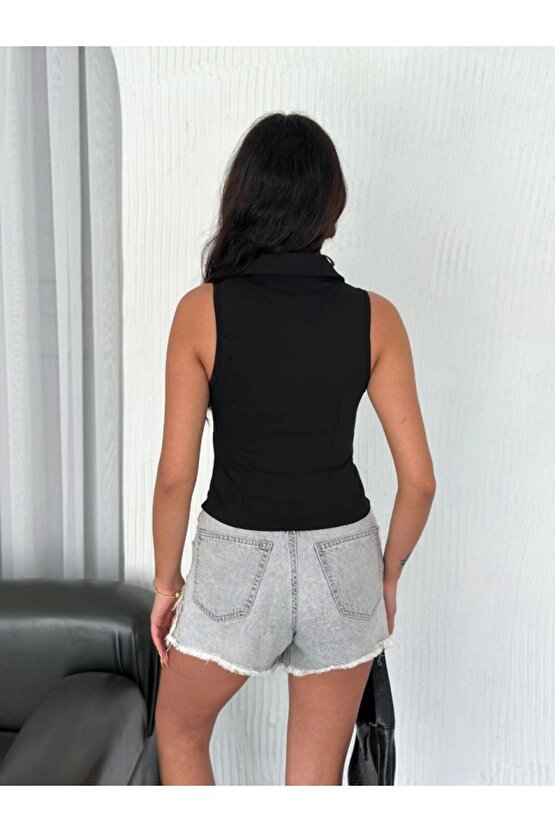 Moda Shop & Butik Yakalı Tam Fermuarlı Kolsuz Bluz - Siyah