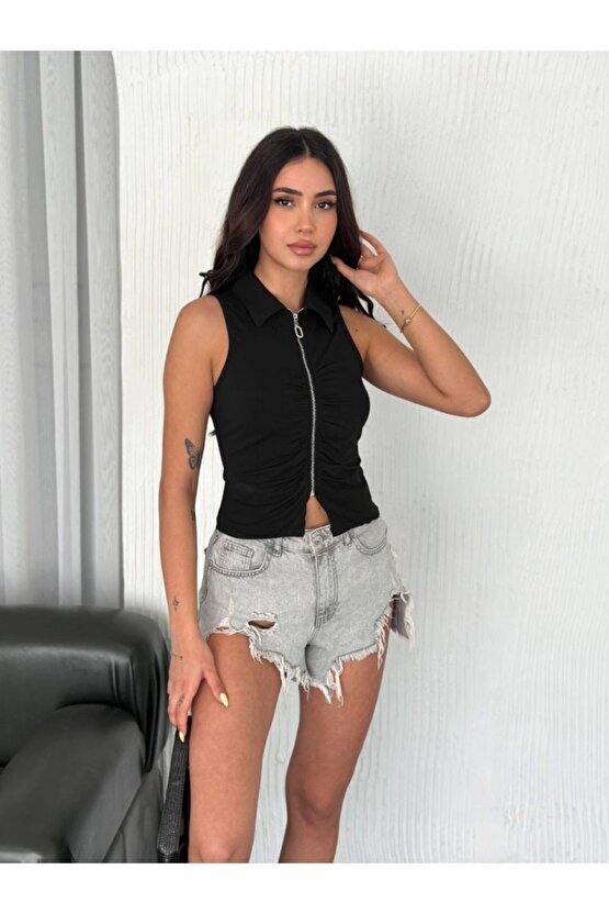 Moda Shop & Butik Yakalı Tam Fermuarlı Kolsuz Bluz - Siyah