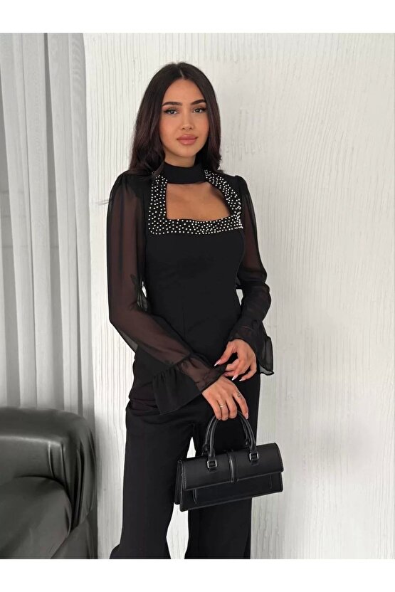 Penye Uzun Kollu Kadın Kolları Şifon Göğüste Inci Boncuk Detaylı Bluz - Siyah