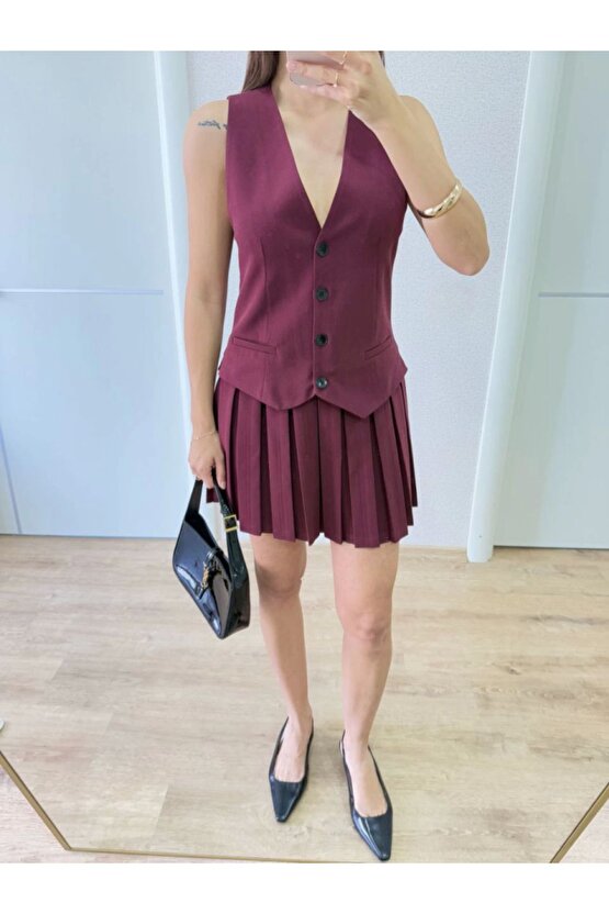 Moda Shop & Butik Takım Görünümlu Yelekli Mini Elbise- Bordo