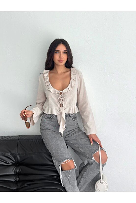 Moda Shop & Butik Keten Uzun Kol Bağacık Detaylı Bluz - Bej