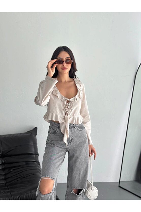 Moda Shop & Butik Keten Uzun Kol Bağacık Detaylı Bluz - Bej