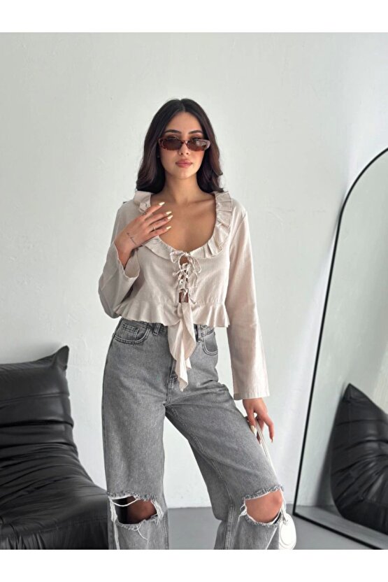 Moda Shop & Butik Keten Uzun Kol Bağacık Detaylı Bluz - Bej