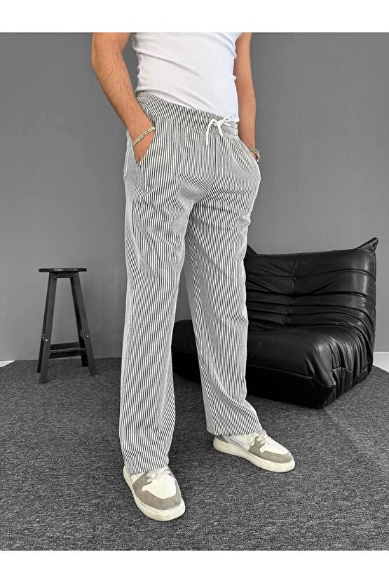 Su Yolu Çizgili Cepli Pantalon Yazlık - Gri