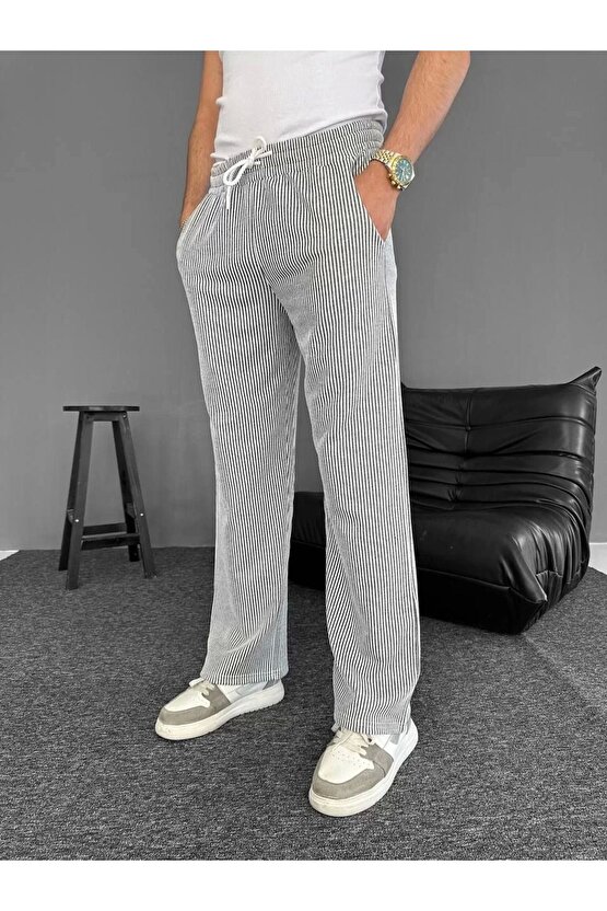 Su Yolu Çizgili Cepli Pantalon Yazlık - Gri