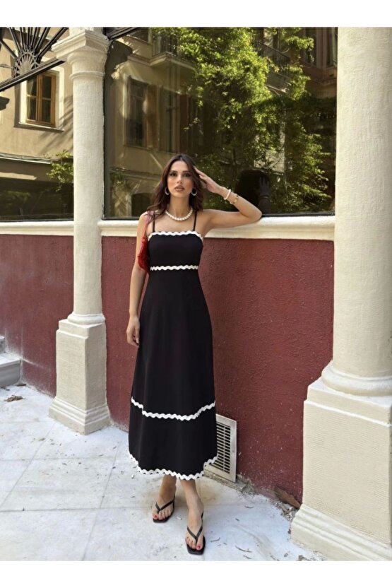 Moda Shop & Butik Askılı Uzun Şerit Detaylı Şık Ve Rahat Elbise - Siyah