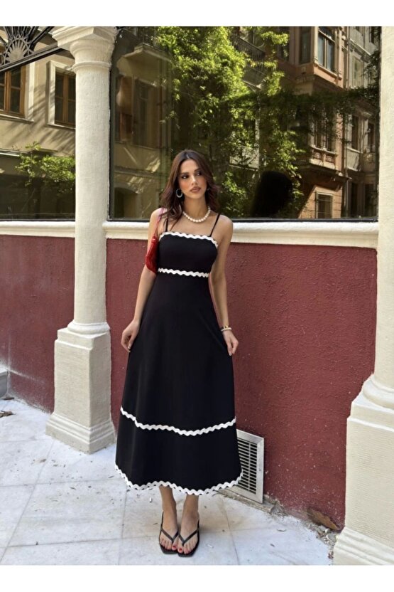 Moda Shop & Butik Askılı Uzun Şerit Detaylı Şık Ve Rahat Elbise - Siyah