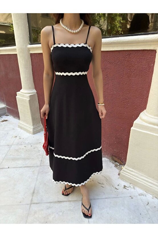Moda Shop & Butik Askılı Uzun Şerit Detaylı Şık Ve Rahat Elbise - Siyah