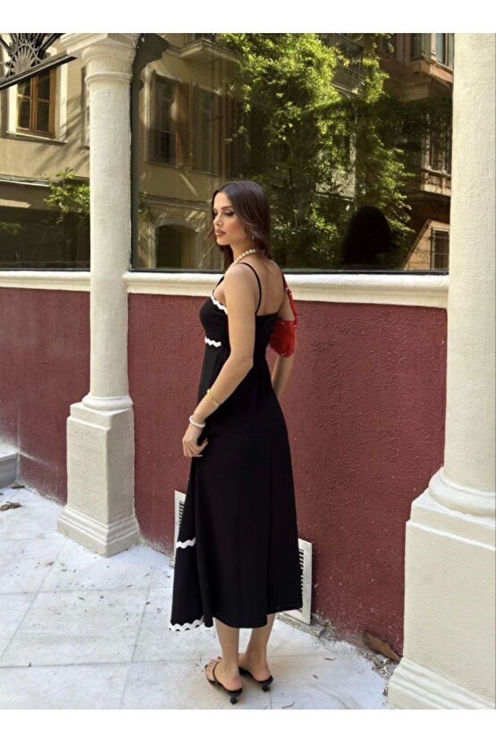 Moda Shop & Butik Askılı Uzun Şerit Detaylı Şık Ve Rahat Elbise - Siyah