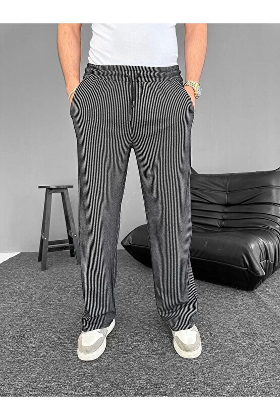 Su Yolu Çizgili Cepli Pantalon - Siyah