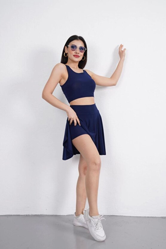 Moda Shop & Butik Sendy Kumaş Bisiklet Yaka Crop Şortlu Etek Ikili Takım - Lacivert
