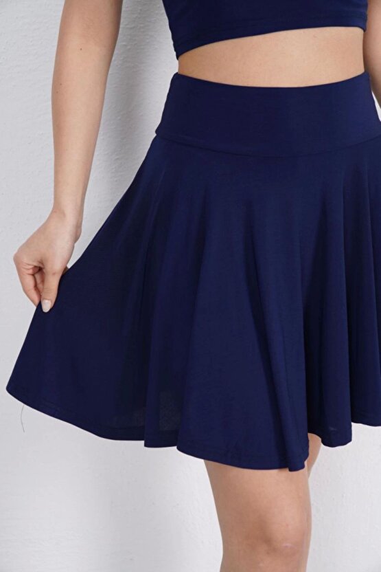 Moda Shop & Butik Sendy Kumaş Bisiklet Yaka Crop Şortlu Etek Ikili Takım - Lacivert