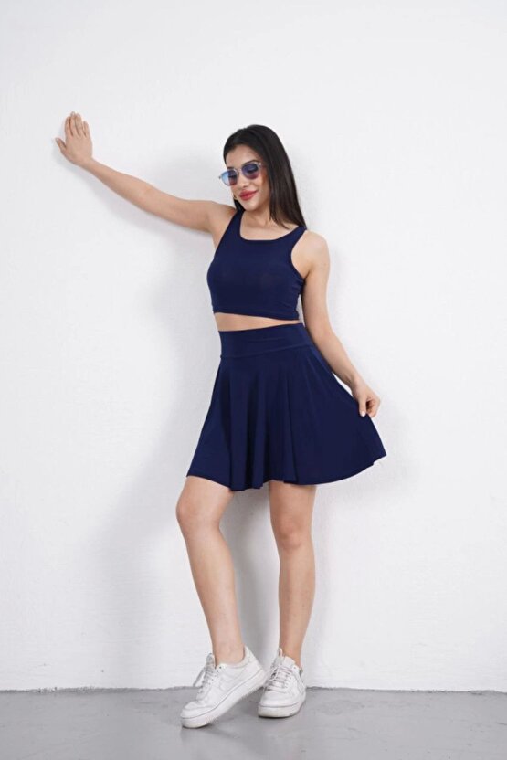 Moda Shop & Butik Sendy Kumaş Bisiklet Yaka Crop Şortlu Etek Ikili Takım - Lacivert
