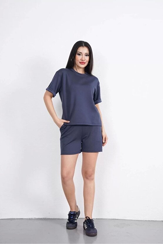 Osy Modal yumuşak dokulu Kumaş Kadın Bisiklet Yaka T-shirt Kısa Şort İkili Takım - Antrasit
