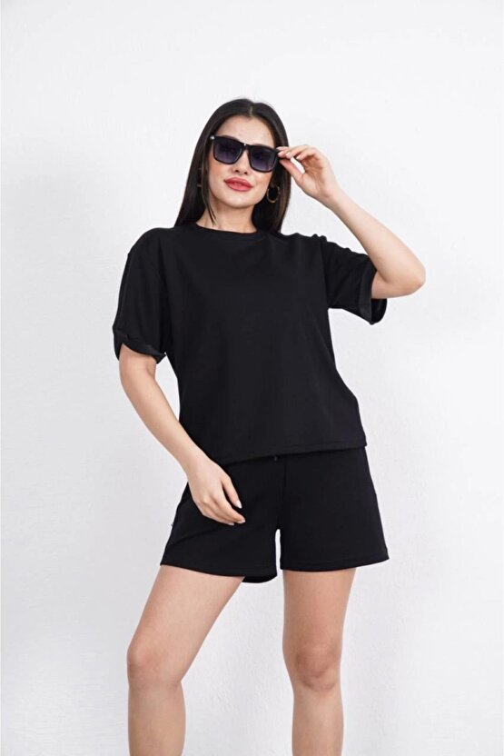 Moda Shop & Butik Osy Modal Yumuşak Dokulu Kumaş Bisiklet Yaka T-shirt Kısa Şort Ikili Takım - Siyah