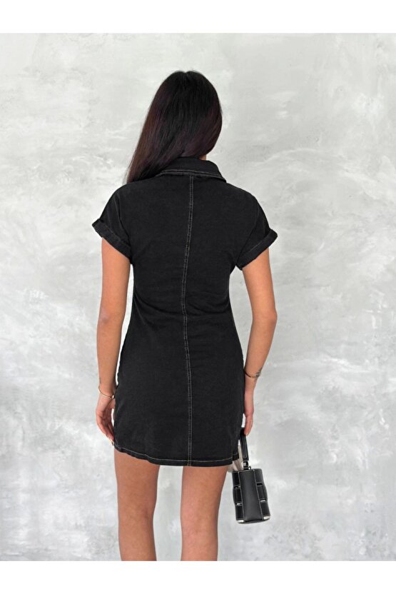 Moda Shop & Butik Kısa Kolu Mini Kot Kumaşından Likralı Elbise - Siyah