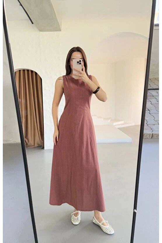 Keten Uzun Kolsuz Elbise- Gül Kurusu