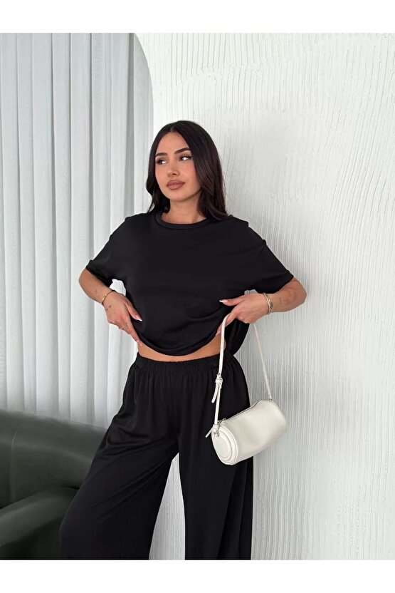 Osy Modal Yumuşak Dokulu Kumaş Bisiklet Yaka T-shirt Bol Paça Pantalon Ikili Takım -siyah