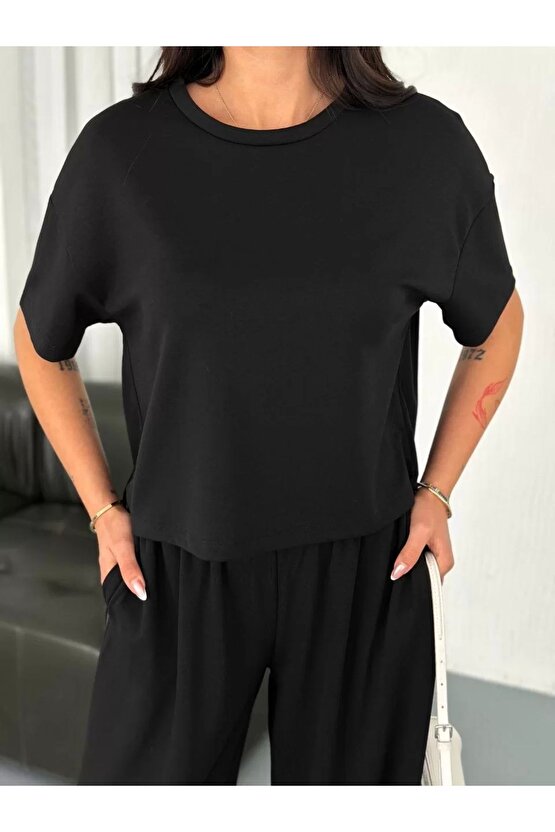 Osy Modal Yumuşak Dokulu Kumaş Bisiklet Yaka T-shirt Bol Paça Pantalon Ikili Takım -siyah