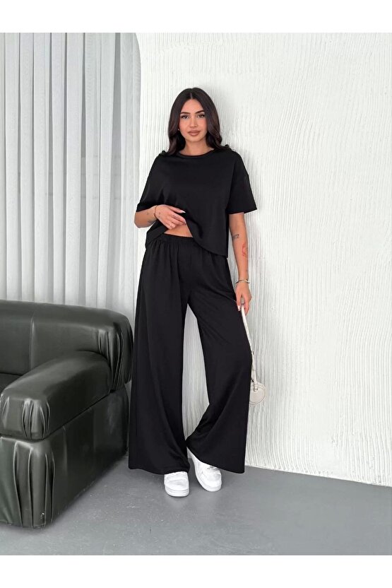 Osy Modal Yumuşak Dokulu Kumaş Bisiklet Yaka T-shirt Bol Paça Pantalon Ikili Takım -siyah