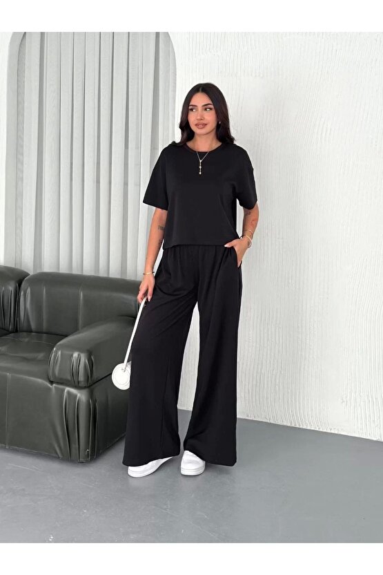 Osy Modal Yumuşak Dokulu Kumaş Bisiklet Yaka T-shirt Bol Paça Pantalon Ikili Takım -siyah