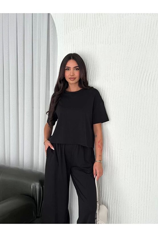 Osy Modal Yumuşak Dokulu Kumaş Bisiklet Yaka T-shirt Bol Paça Pantalon Ikili Takım -siyah