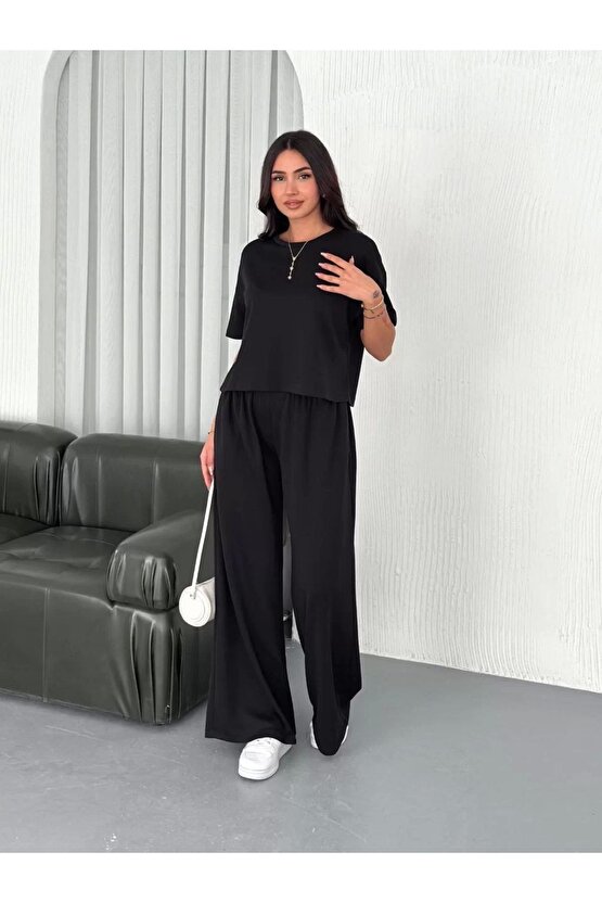 Osy Modal Yumuşak Dokulu Kumaş Bisiklet Yaka T-shirt Bol Paça Pantalon Ikili Takım -siyah