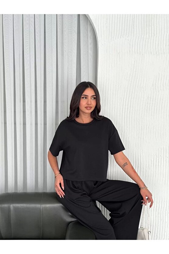 Osy Modal Yumuşak Dokulu Kumaş Bisiklet Yaka T-shirt Bol Paça Pantalon Ikili Takım -siyah