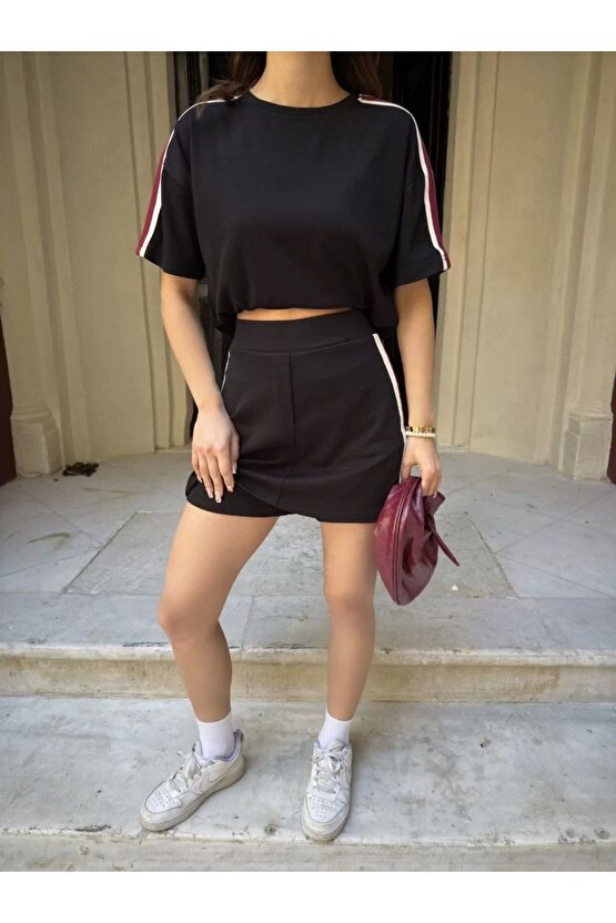 Osy Modal Yumuşak Dokulu Kumaş Kadın Parçalı Bisiklet Yaka T-shirt Mini Şortlu Etek Ikili Takım - Si